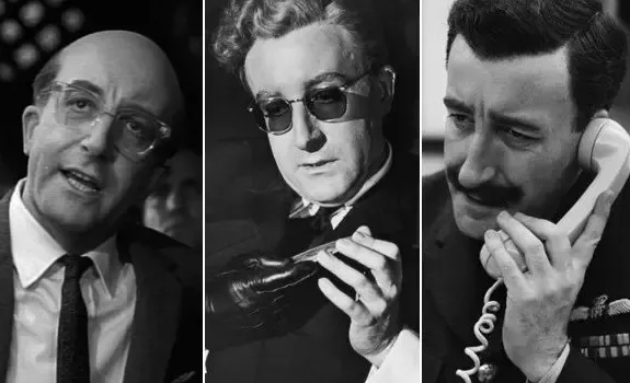 Peter Sellers plays the film’s three defining characters (from left to right): President Merkin Muffley, Dr. Strangelove, and Captain Lionel Mandrake.