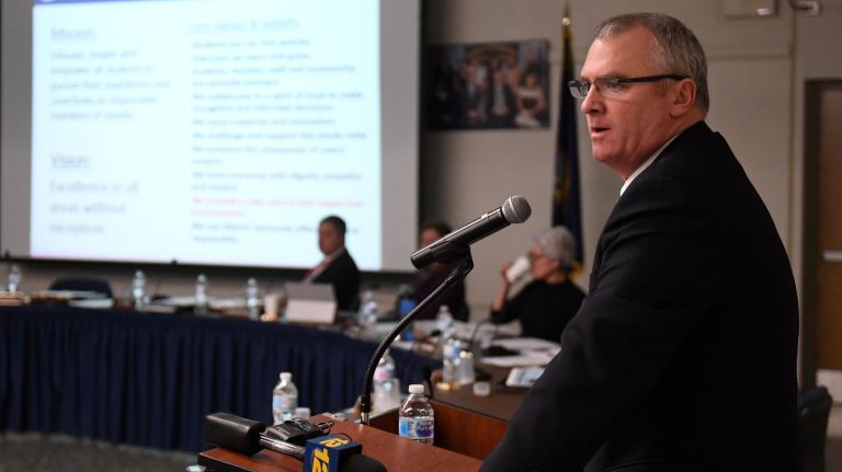 Superintendent Rob Banzer speaks at a Board of Education meeting in January 2020. (Credit: Newsday / Thomas A. Ferrara)