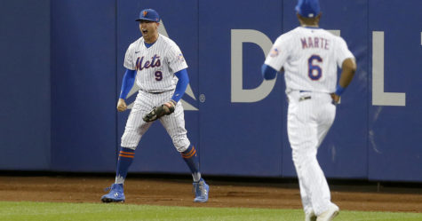 Brandon Nimmo reacts after an incredible catch against the Dodgers