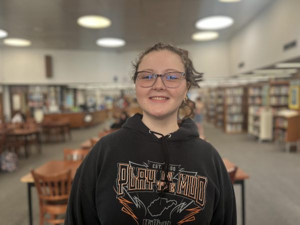 Charlotte Stuertz in the Northport High School library